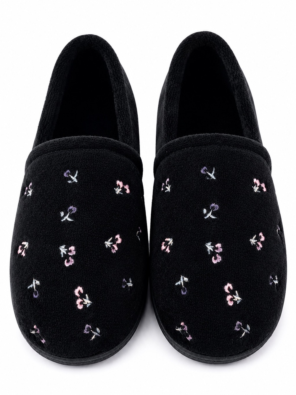 🆕 Isotoner Slippers Contour Step Floral Embroidered Top Microterry Black 7.5-8